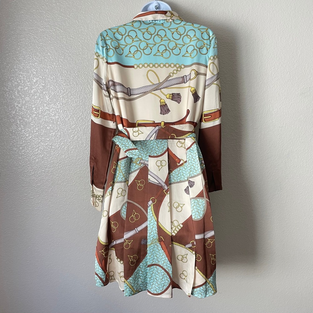 Marciano by Guess Dress US 2 Brown Teal Equestrian Scarf Print Belted Western - Picture 8 of 12
